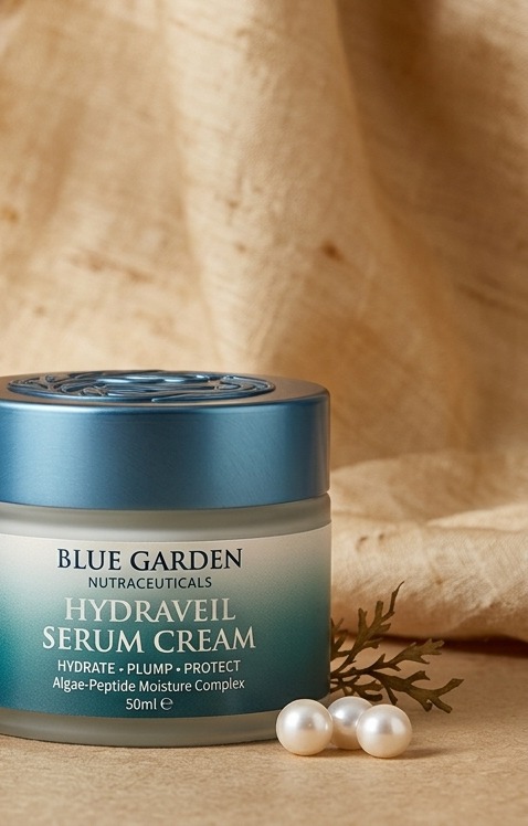 Blue Garden Hydraveil Serum Cream in a frosted glass jar with a teal metal lid, styled with pearls and a sprig of greenery.