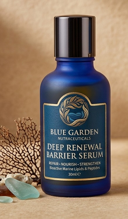 Blue Garden Deep Renewal Barrier Serum in a frosted cobalt-blue glass bottle with a brass dropper cap, styled with dried coral and sea glass.