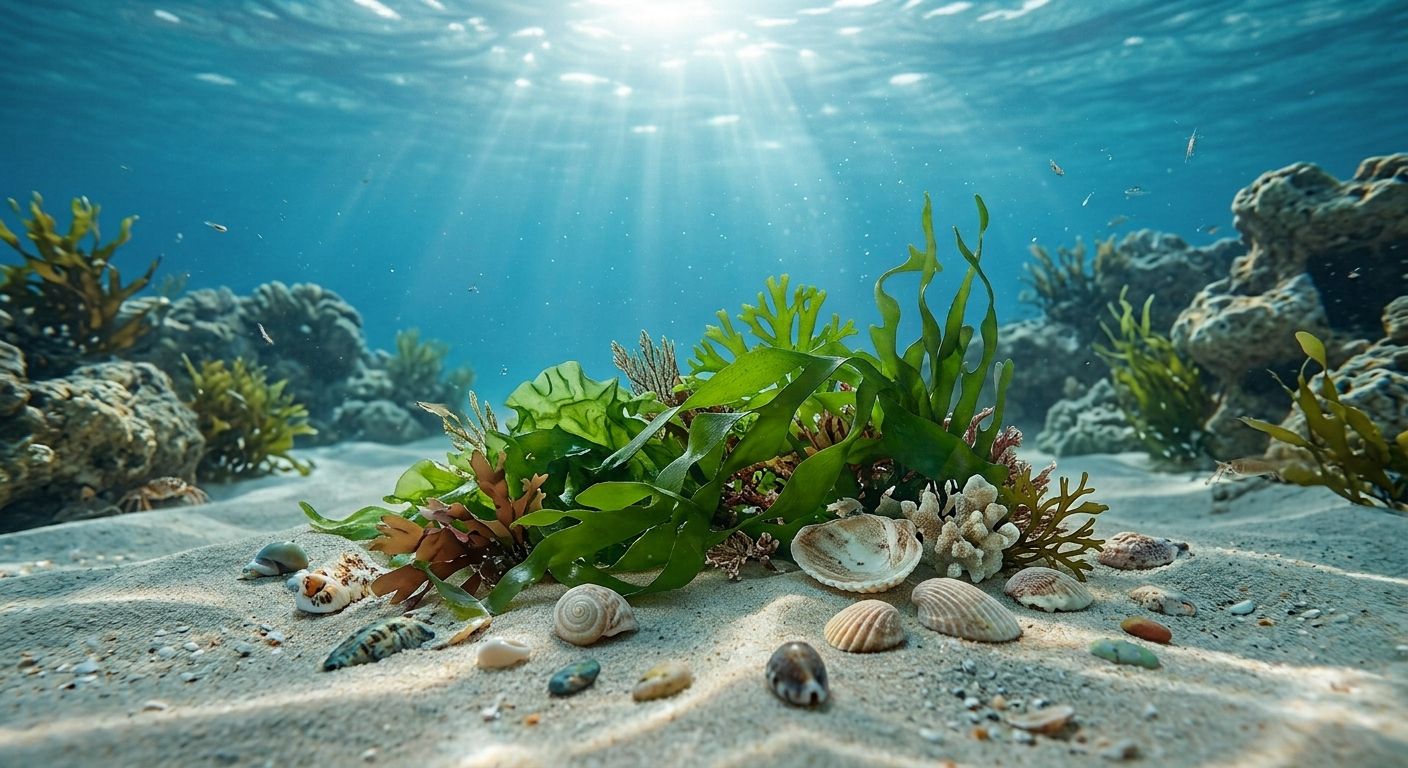 Native seaweed, shells and coral resting on the sandy sea floor beneath sunlit water.